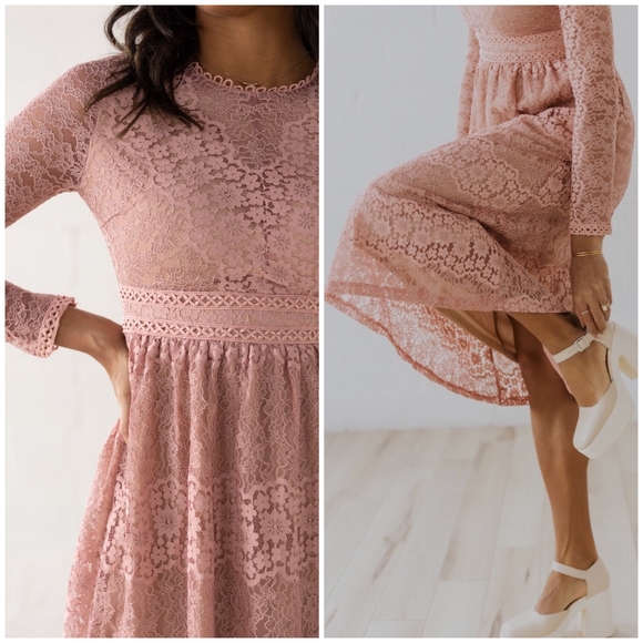 FEW LEFT❗️POLAGRAM Dusty Pink Lace Embroidered Long Sleeves Midi Dress - Picture 7 of 13